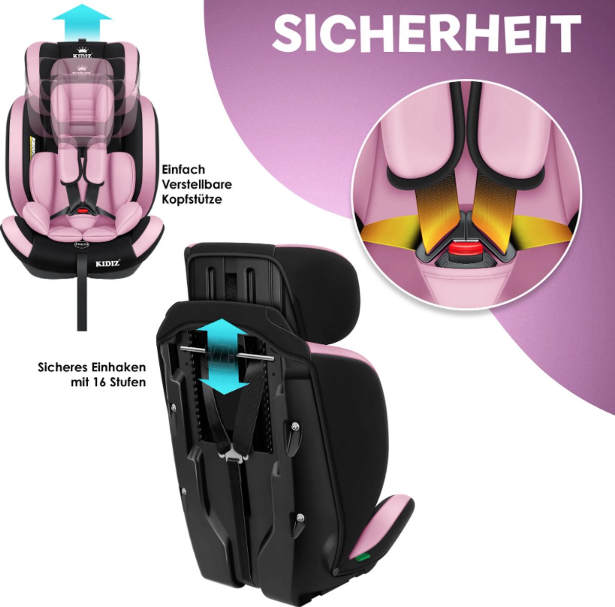 KIDIZ® Autostoeltje - 5-punts veiligheidsgordel - Roze