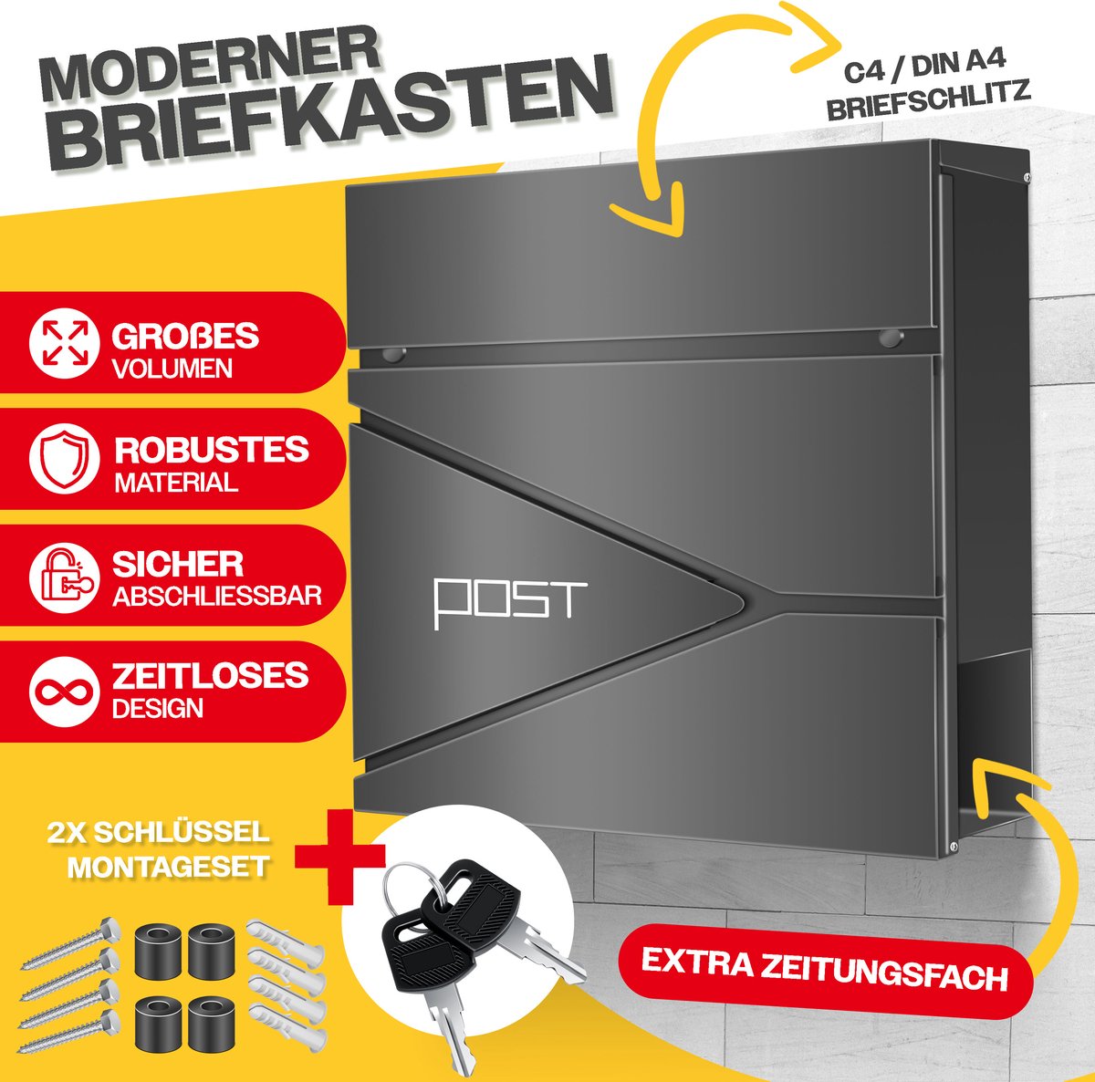 KESSER® Brievenbus met Krantenvak Wandmontage Roestvrij Staal - Wandbrievenbus inclusief Montagemateriaal 2x Sleutels, Afsluitbaar, Softclose-deksel - Antraciet