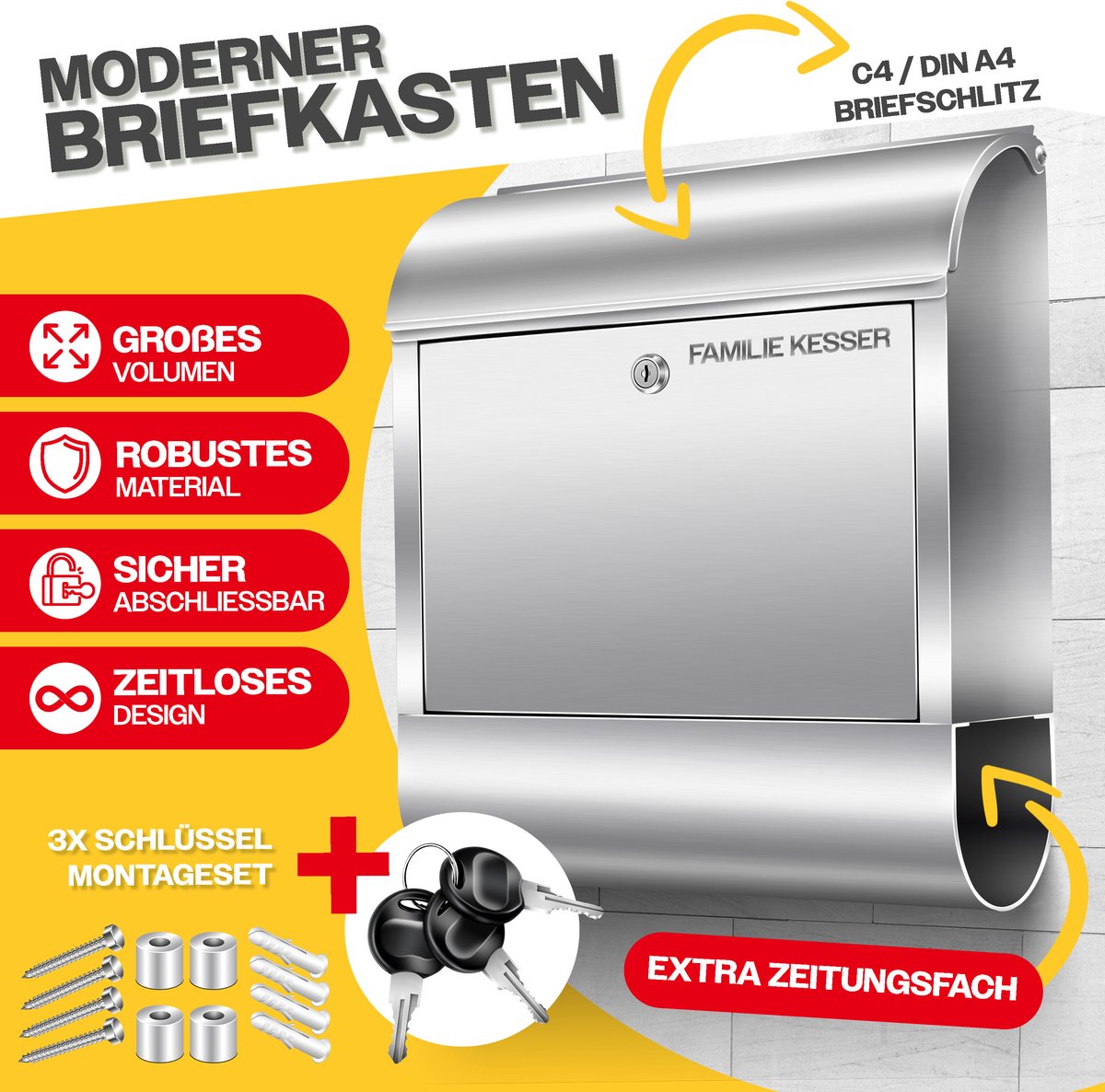 KESSER® RVS Brievenbus  - Wandbrievenbus - Krantenvak - Zilver