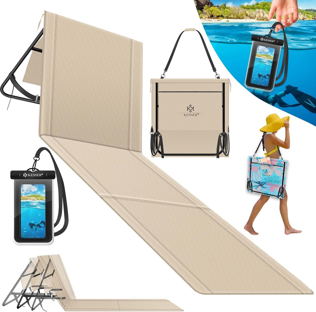 Kesser® Opvouwbare strandmat met verstelbare rugleuning, strandligstoel met draagriem, waterdichte mobiele telefoonhoes en opbergtas, ligstoel voor strand, tuin, terras, ligmat, tot 130 kg