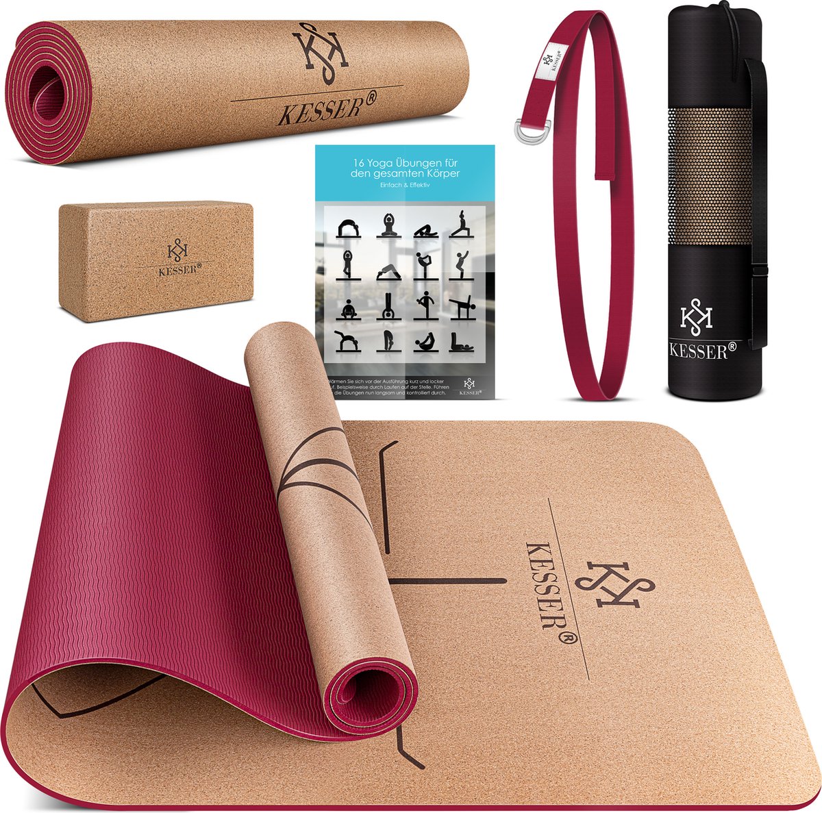 KESSER® Yogamat Kork 183x62cm Turnmat Gymnastiekmat Fitnessmat Inclusief Draagriem Tas & Yoga Blok - Bordeux