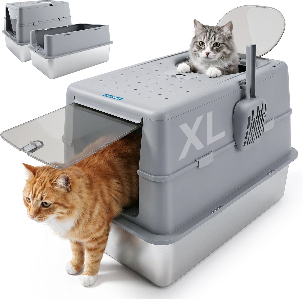 Nobleza Premium Kattenbak RVS - XXL - Incl. Kattenbakschep - Voor Grote & Kleine Katten - 60x40x43cm - Grijs