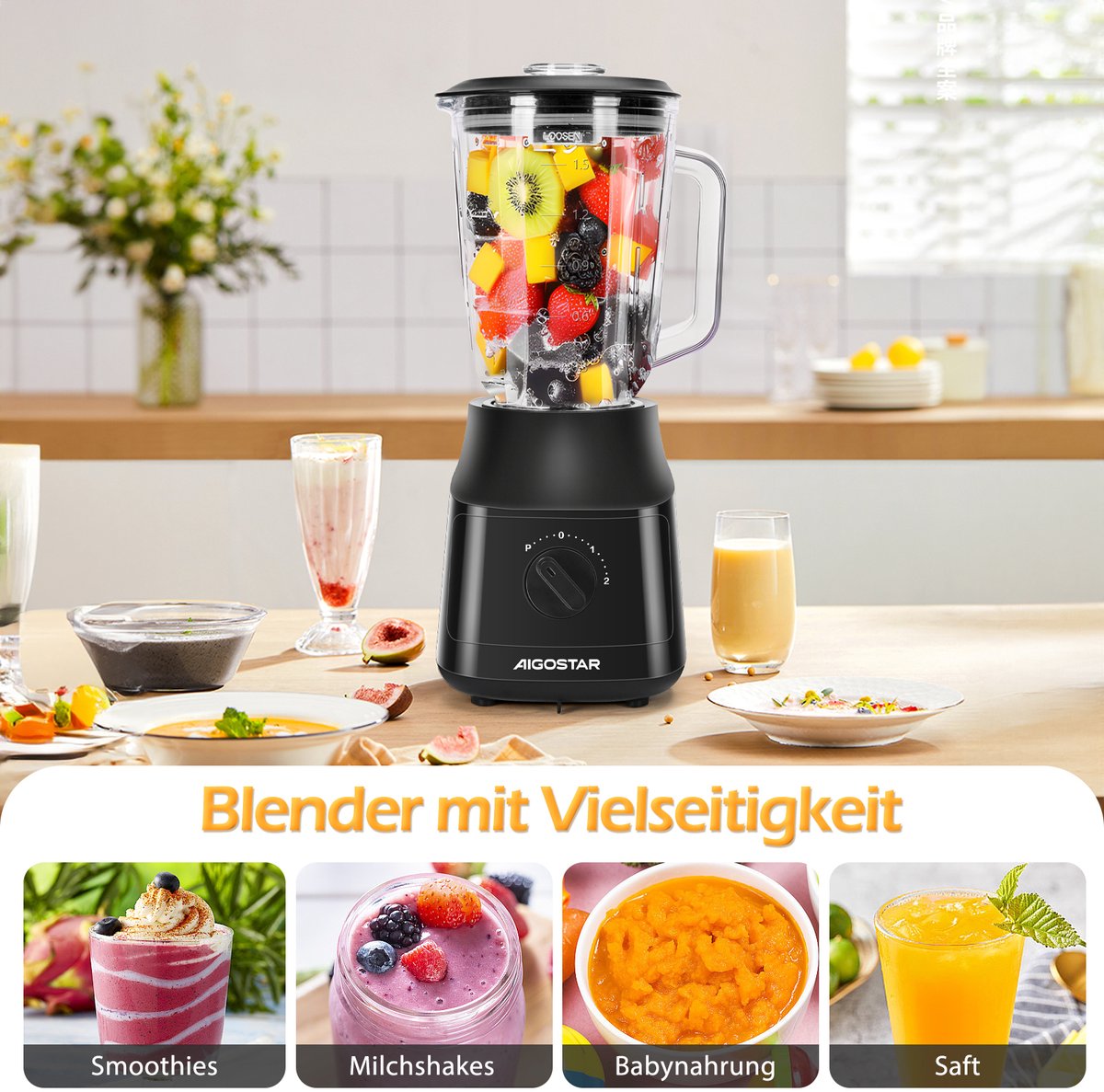 Blender - Smoothie Maker - Glazen kan - 1,5L - 800W - Zwart - Aigostar