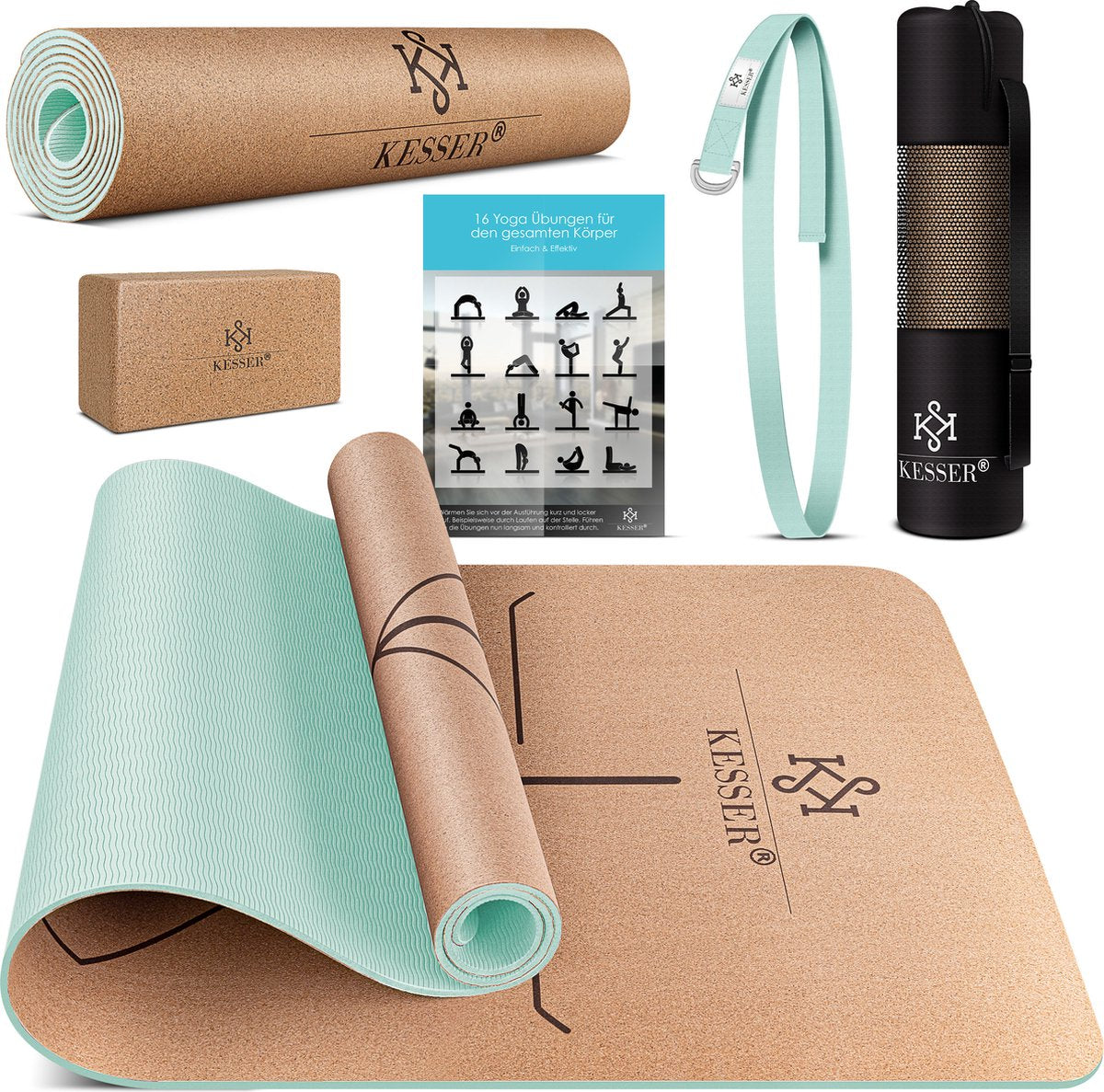 KESSER® Yogamat Kork 183x62cm Turnmat Gymnastiekmat Fitnessmat Inclusief Draagriem Tas & Yoga Blok - Bordeux