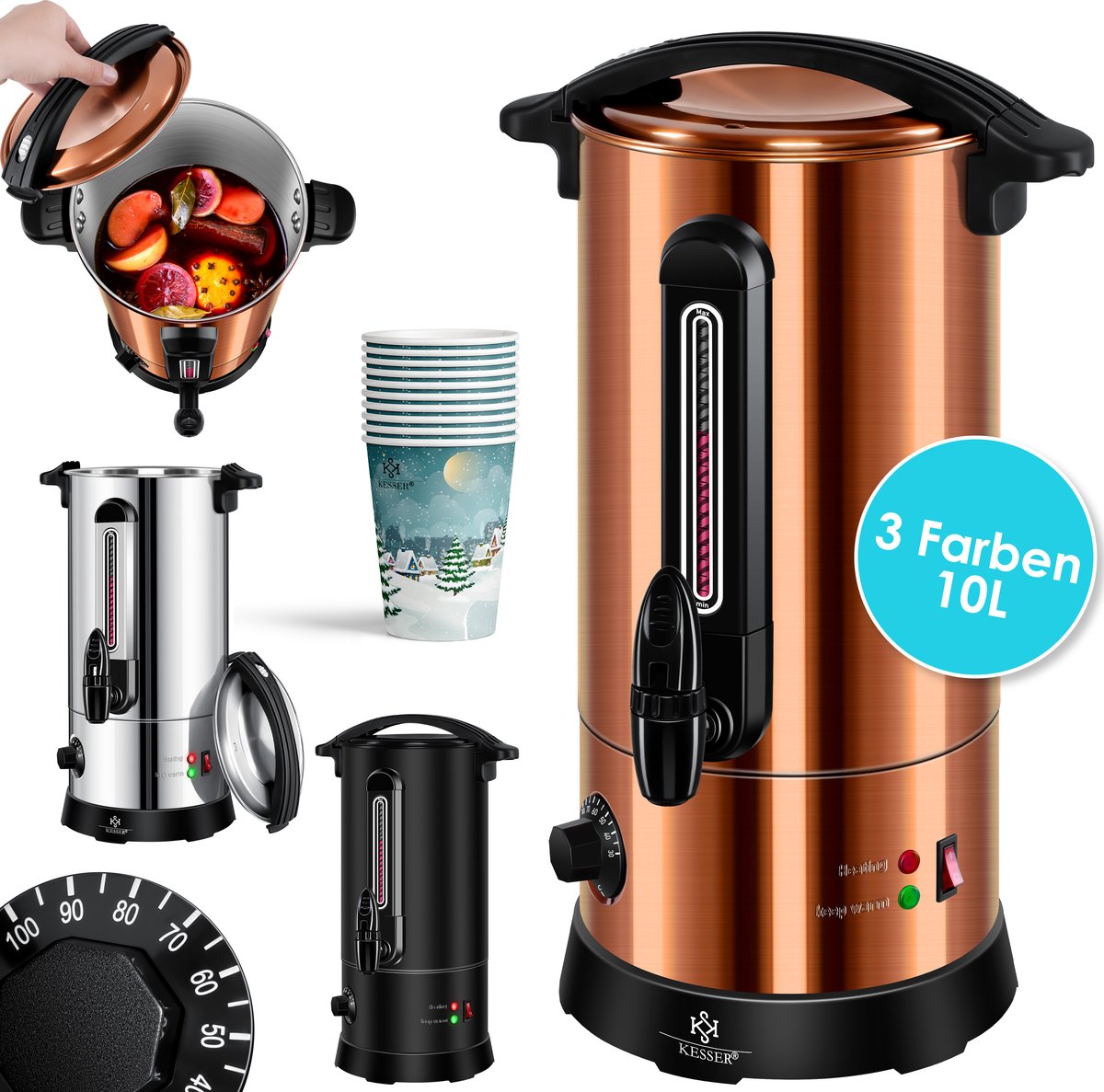KESSER® Gluhweinketel 10 Liter - Elektrische Ketel voor Gluhwein - Glühweinketel Roestvrij Staal Incl. 10x Mokken Warm Dranken Dispenser voor Glühwein met Thermostaat Water Koker - Koper