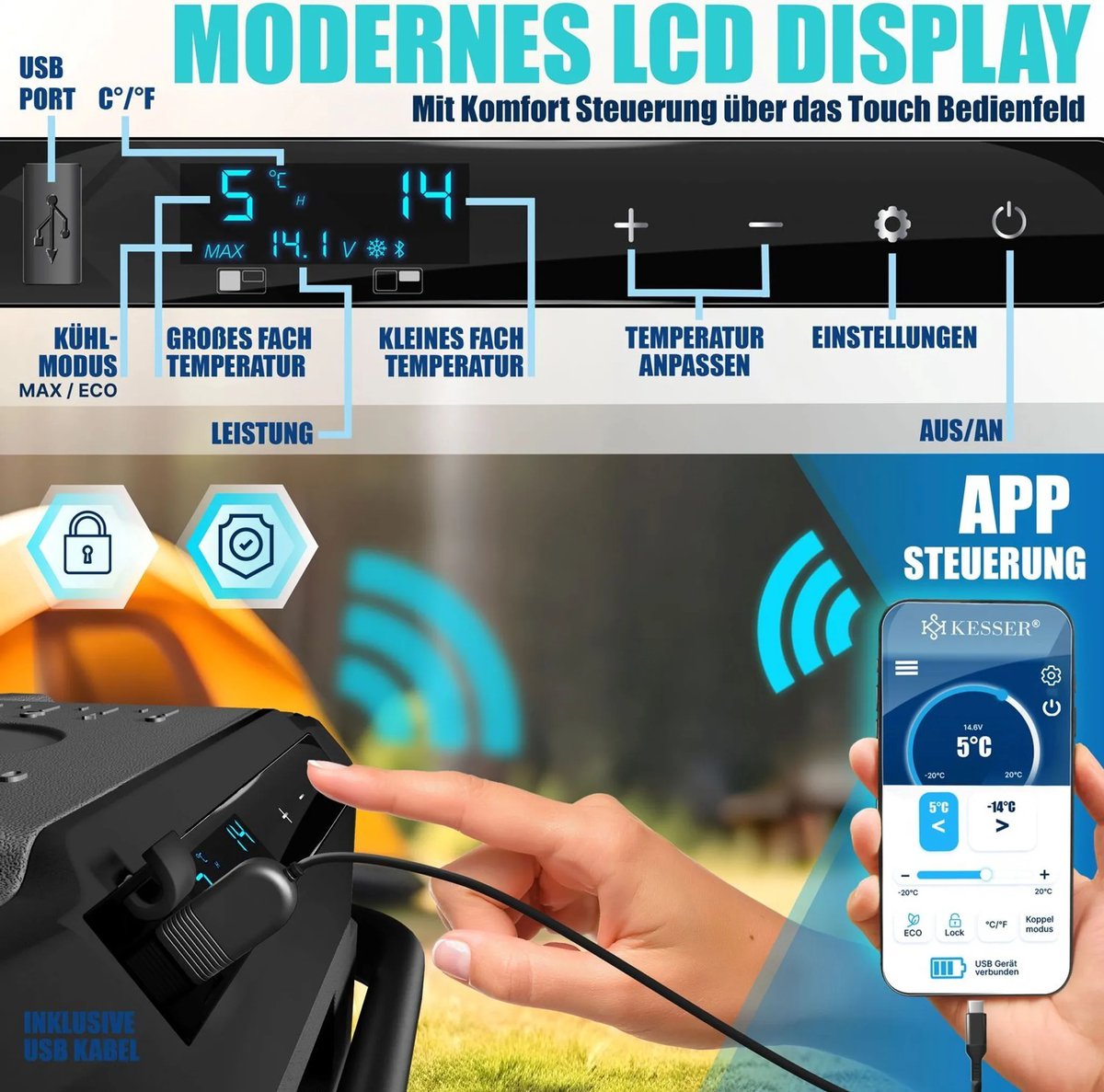 KESSER® compressor elektrische koelbox | 41Liter Campingvriezer met LED-touchscreen | Met app-bediening en koelelementen, USB-poort, 12/24 V, 230 V | Koelbox voor auto's en vrachtwagens tot -20 °C