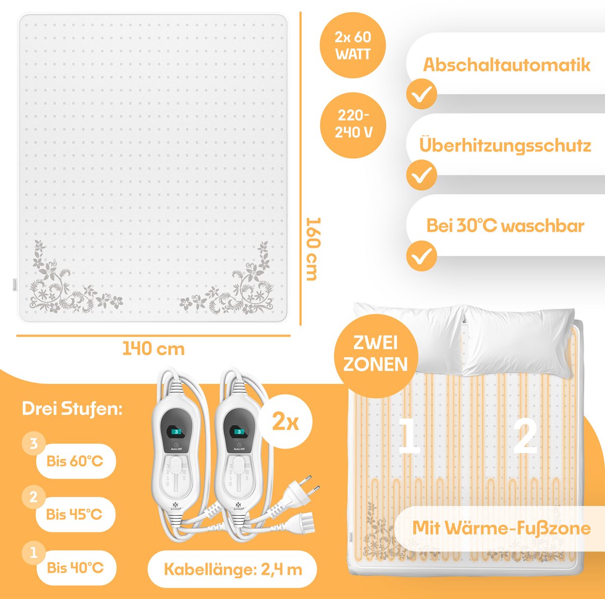 KESSER® Elektrische Onderdeken Warmtedeken met automatisch uitschakelende afstandsbediening | warmte deken met 3 temperatuurstanden | voor matrasverwarming | van zacht fleece - Wit met motief (160 cm x 140 cm)