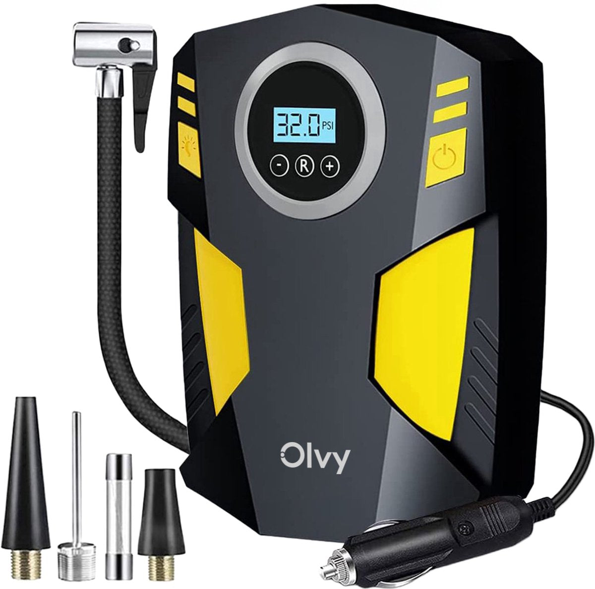 Compressor Bandenpomp - Luchtcompressor 12V - Elektrische Bandenpomp - Fiets/Auto/Motor/Bal/Luchtbed - Met 4 Opzet Stukken - Olvy