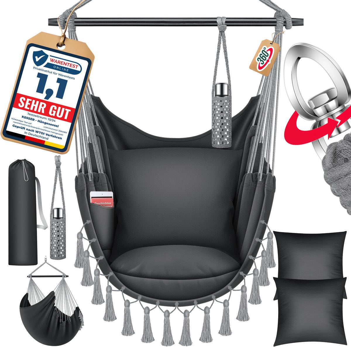 KESSER® XXL Hangstoel - 2 Kussens - Tot 150 kg - Antraciet •