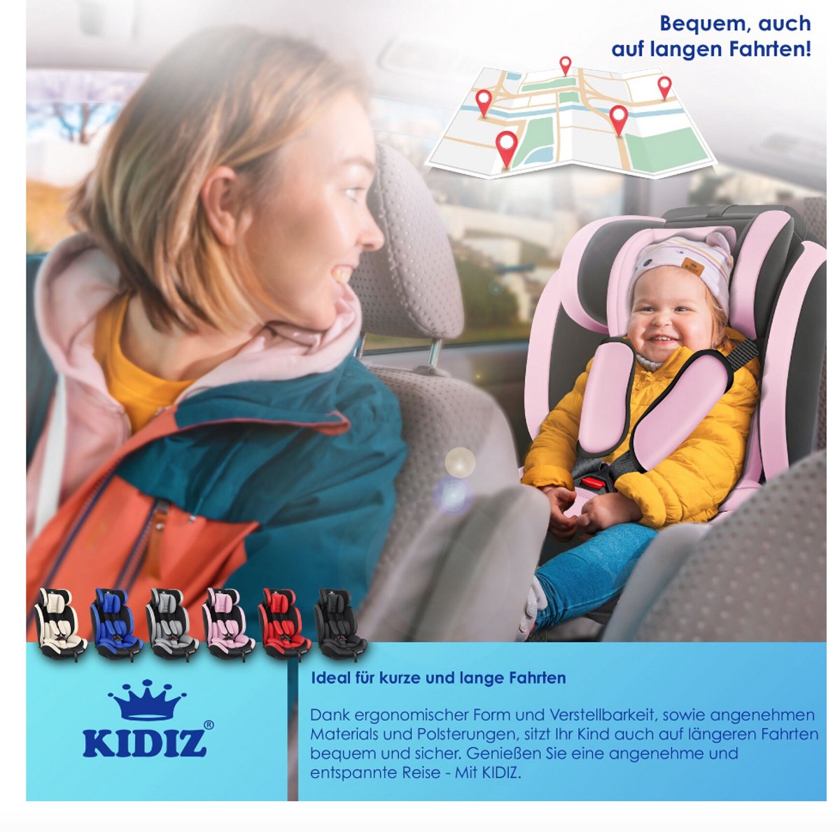 KIDIZ® Autostoeltje - 5-punts veiligheidsgordel - Roze