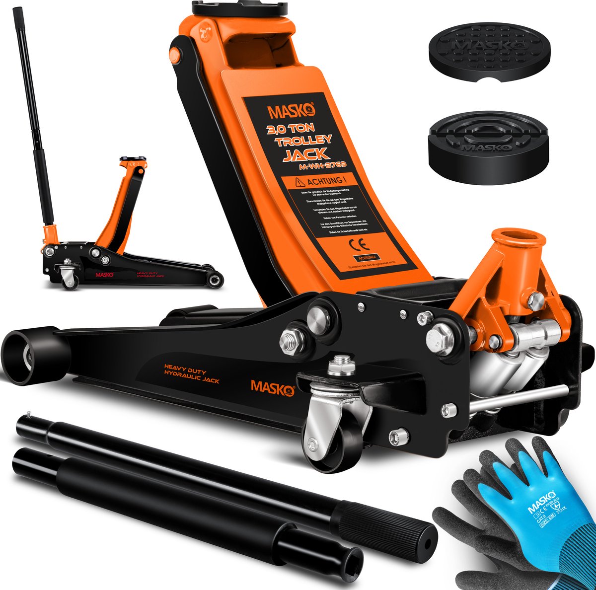 MASKO® krik hydraulische vlakke hefhoogte garagekrik + 2x rubber pads + handschoenen autokrik rangeerkrik hydraulische 360° rollen auto krik onder standaard - 3 Ton - Oranje