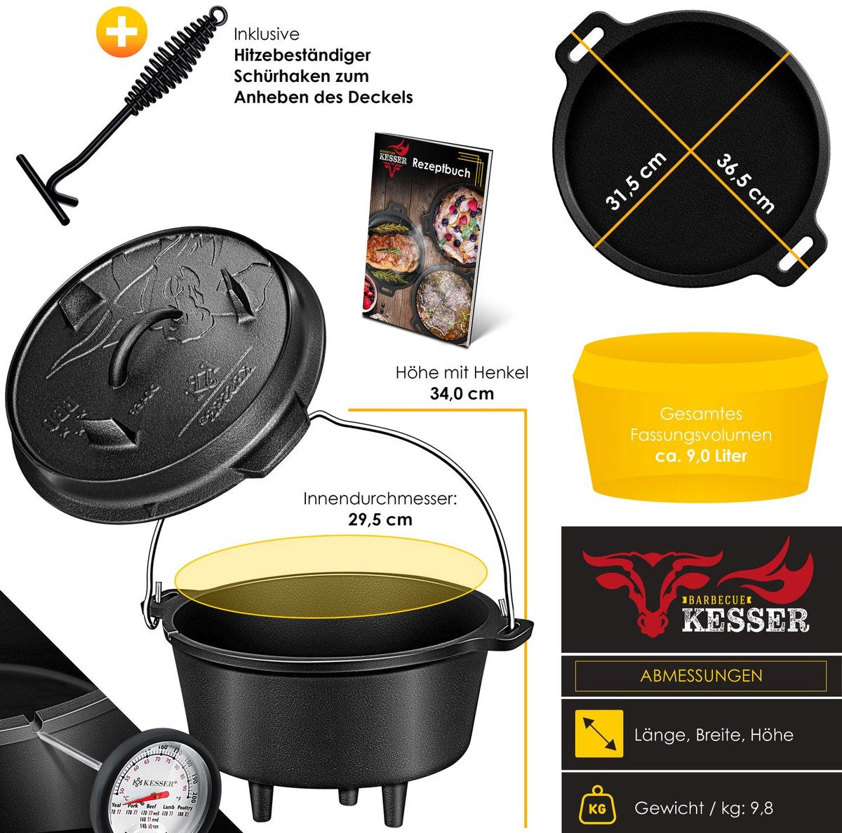 KESSER® Dutch Oven Set - 9L - Vuurpan - Stoofpan - Gietijzeren pan