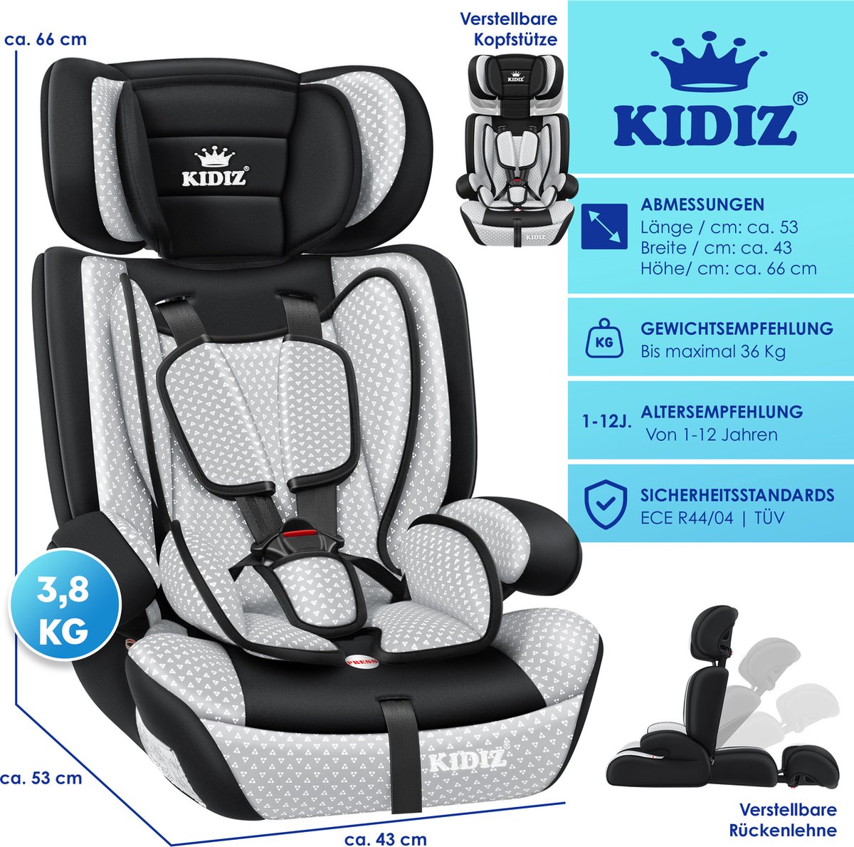 KIDIZ® Autostoeltje - 5-punts veiligheidsgordel - Grijs