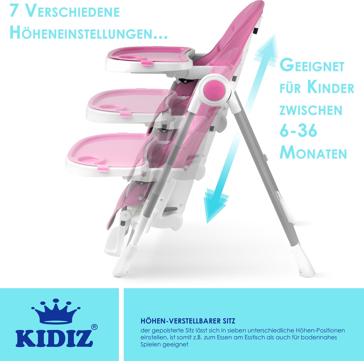 KIDIZ® 3in1 kinderstoel incl. speelbar, Eetstoel, Babystoel, combinatie kinderstoel, 7 in hoogte verstelbare rugleuning, meegroei van 0 maanden tot 6 jaar - Roze