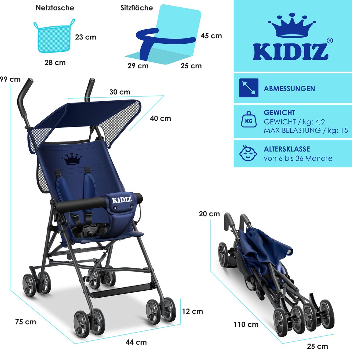 KIDIZ® Kinderwagen - Wandelwagen - Kinderbuggy - Blauw