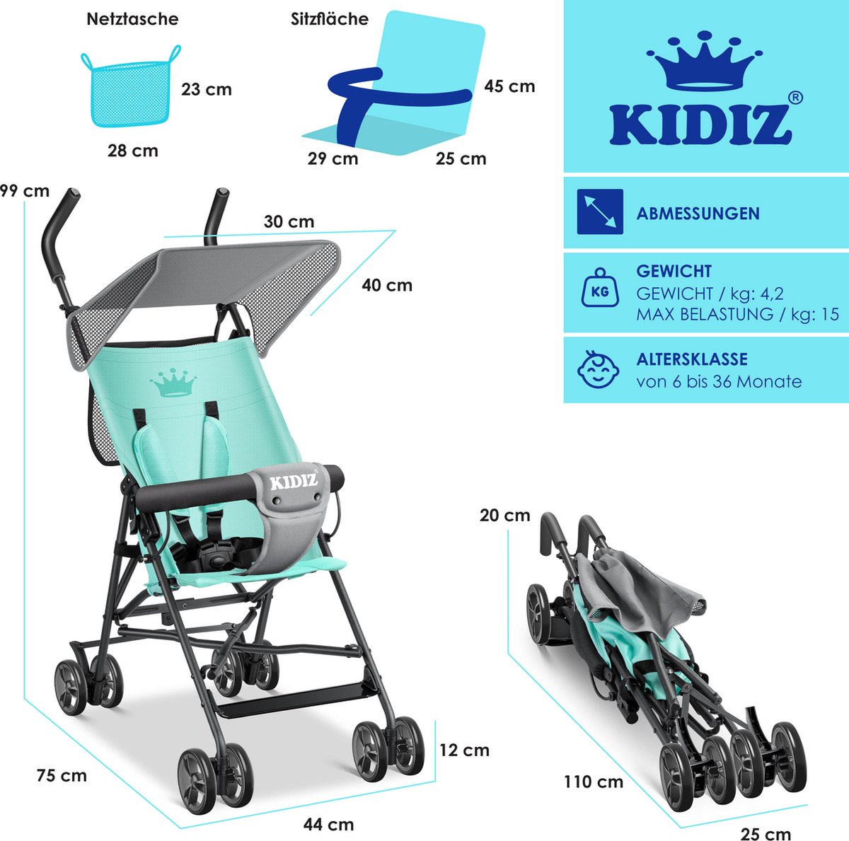 KIDIZ® Kinderwagen - Wandelwagen - Kinderbuggy - Mintgroen