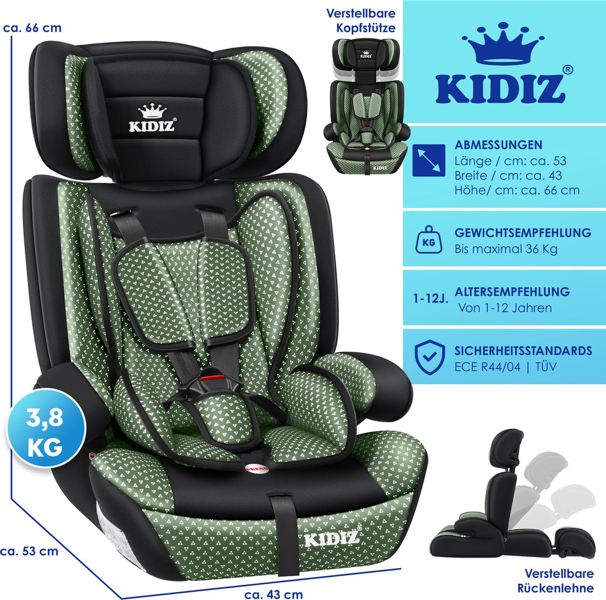 KIDIZ® Autostoeltje - 5-punts veiligheidsgordel - Groen
