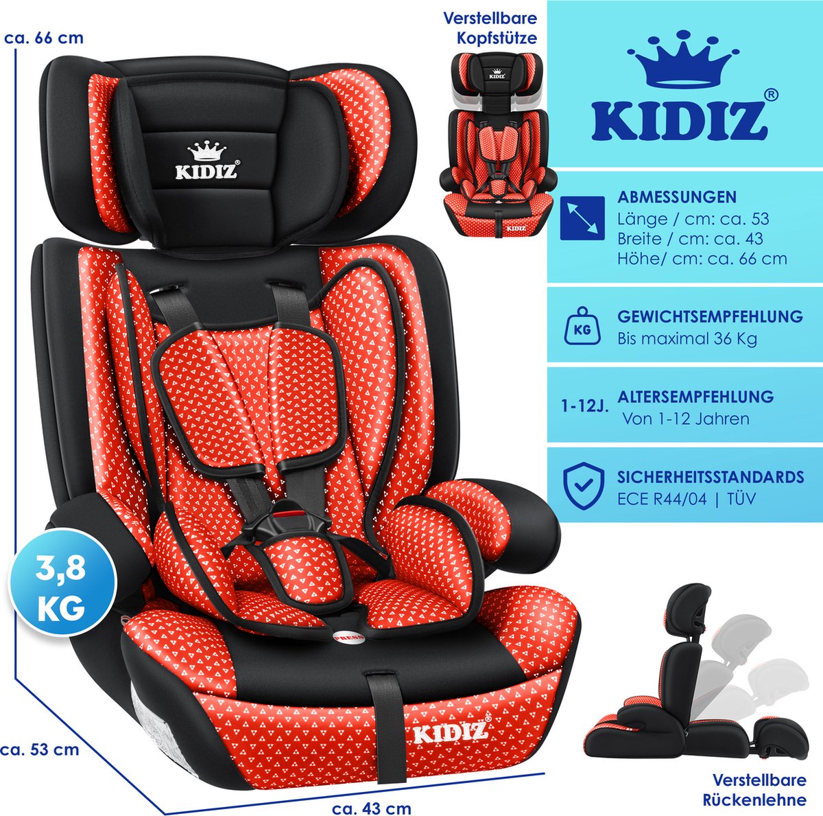 KIDIZ® Autostoeltje - 5-punts veiligheidsgordel - Rood