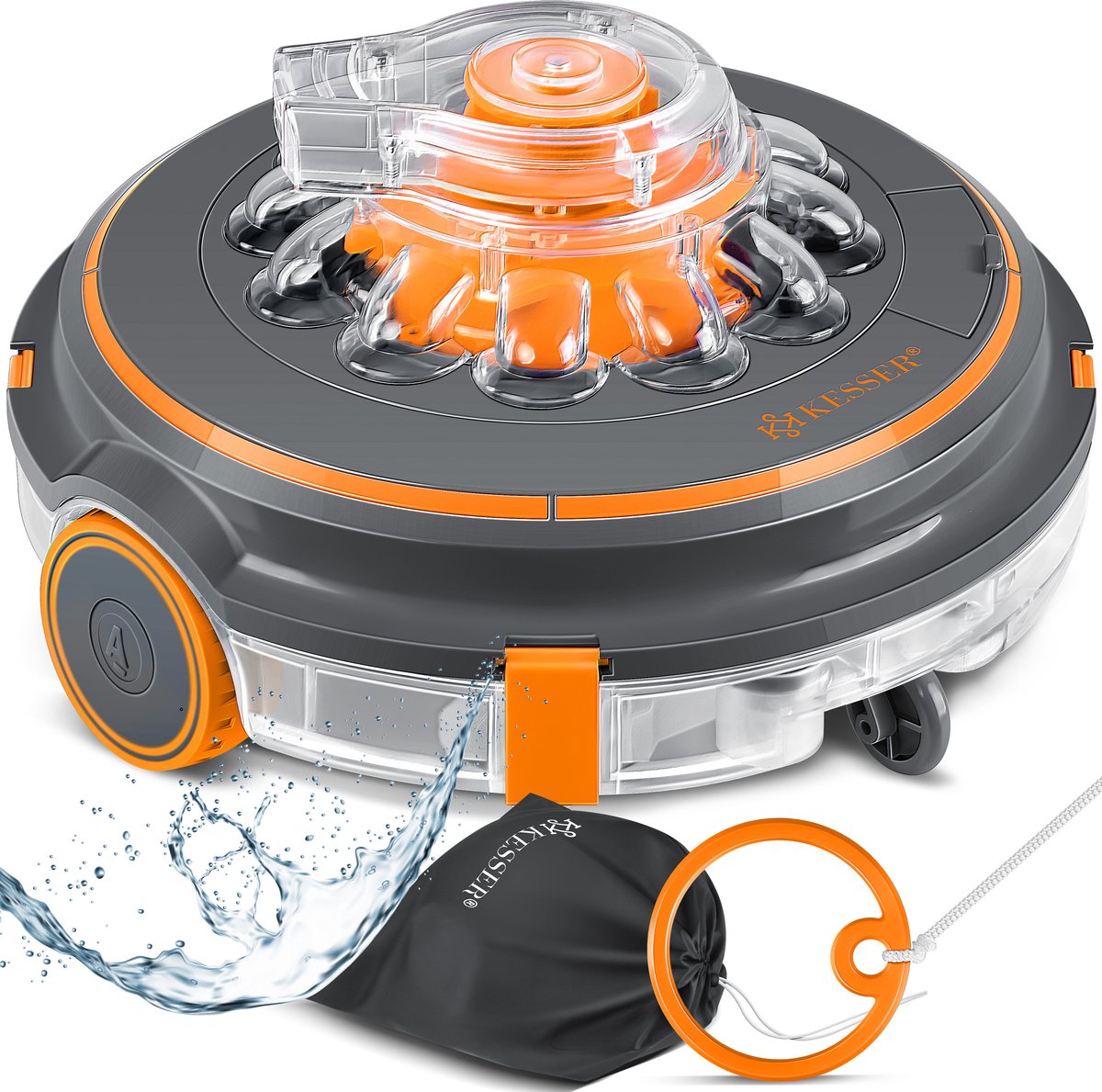 KESSER® Zwembadrobot accu Aqua-9000 incl. transporttas, Stofzuiger voor zwembaden tot 80m², Li-Ion accu max. 75 min, Zwembadreiniger snoerloze zwembadstofzuiger vloerreiniging volautomatische vloerstofzuiger - Oranje