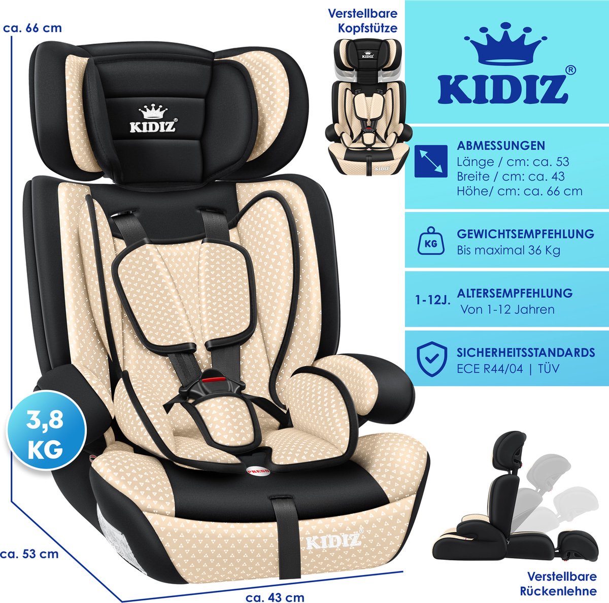 KIDIZ® Autostoeltje - 5-punts veiligheidsgordel - Beige