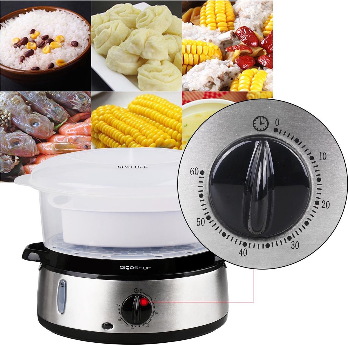 Stoomkoker - met Timer - 9L - 800W - RVS - Aigostar