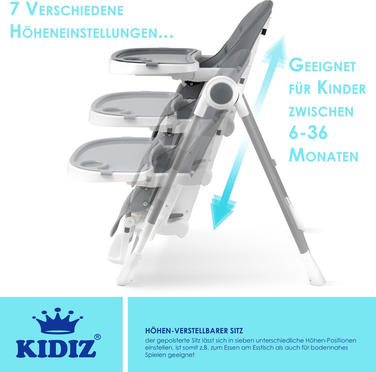 KIDIZ® 3in1 kinderstoel - Babystoel - Verstelbaar - Donkergrijs