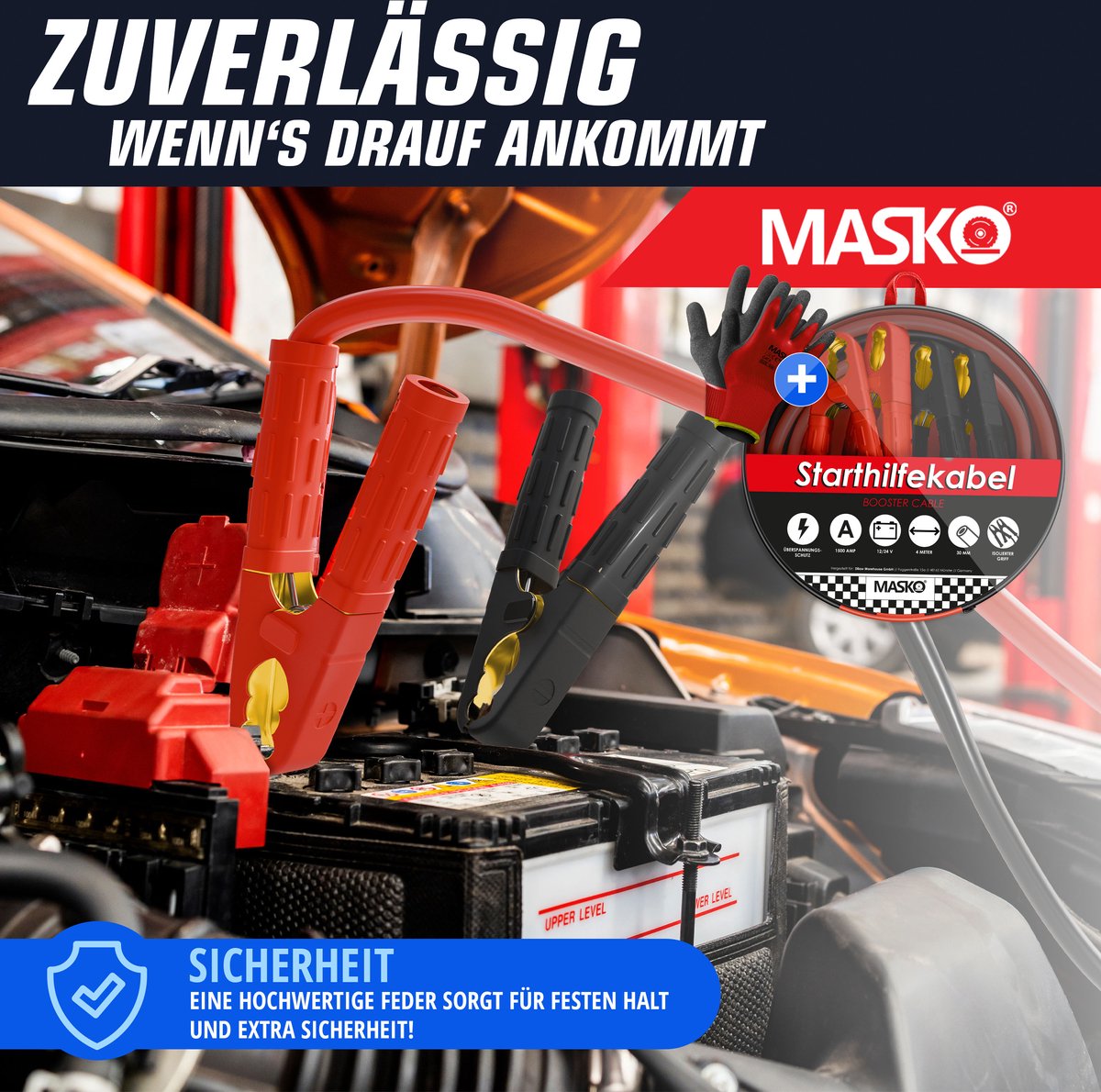 MASKO® Startkabels Auto 4 Meter 1500A voor benzine, diesel en hybride Motoren | Starthulp Jumpstarter Geschikt voor Auto, Vrachtwagen, Bus en Boot| inclusief handschoenen en opbergtas - Zwart / Rood