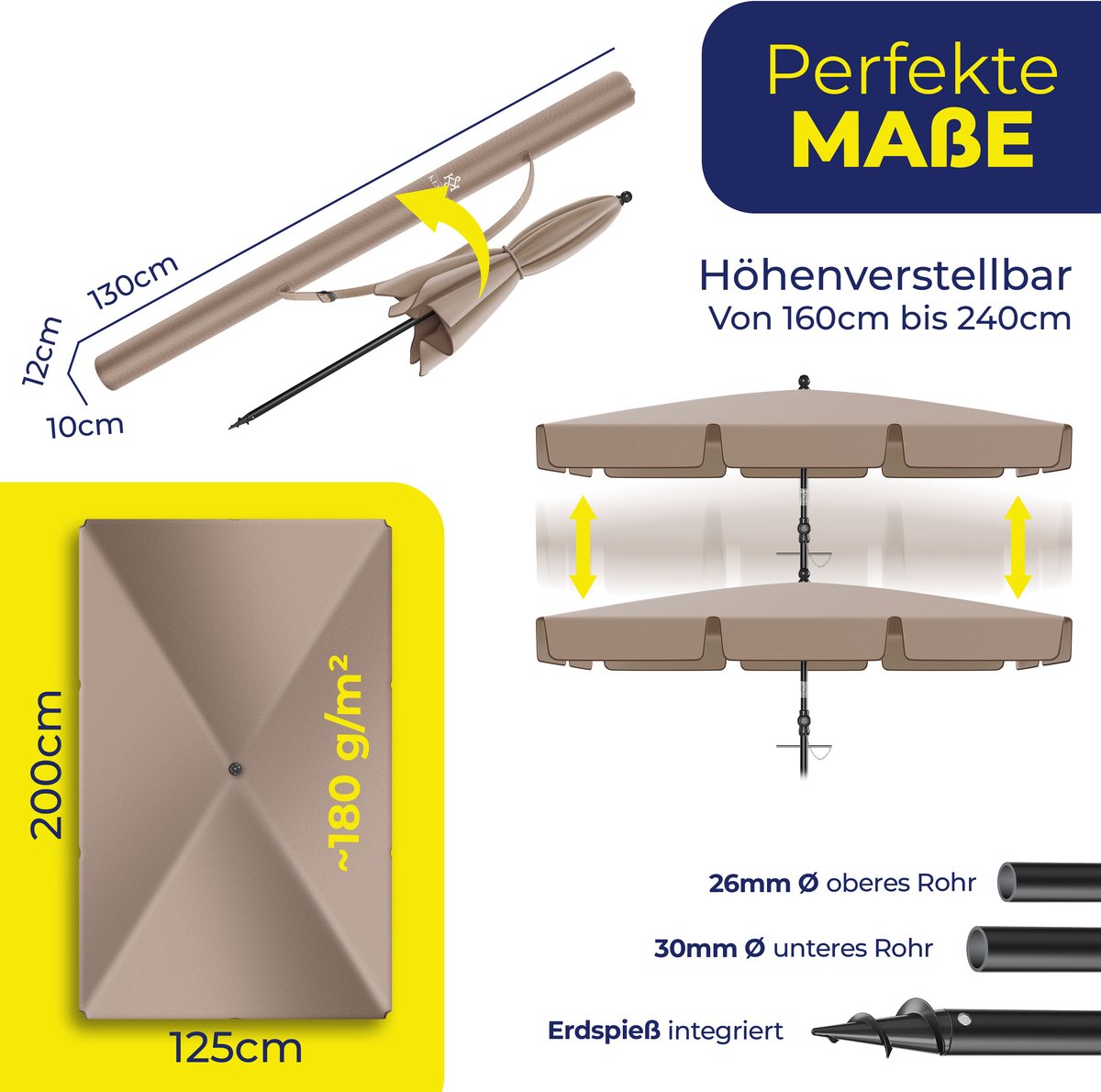 KESSER® Stokparasol Inclusief Beschermhoes & Draagtas 200 × 125cm - Parasol voor Balkon, Tuin & Terras Tuinparasol Strandparasol - Taupe