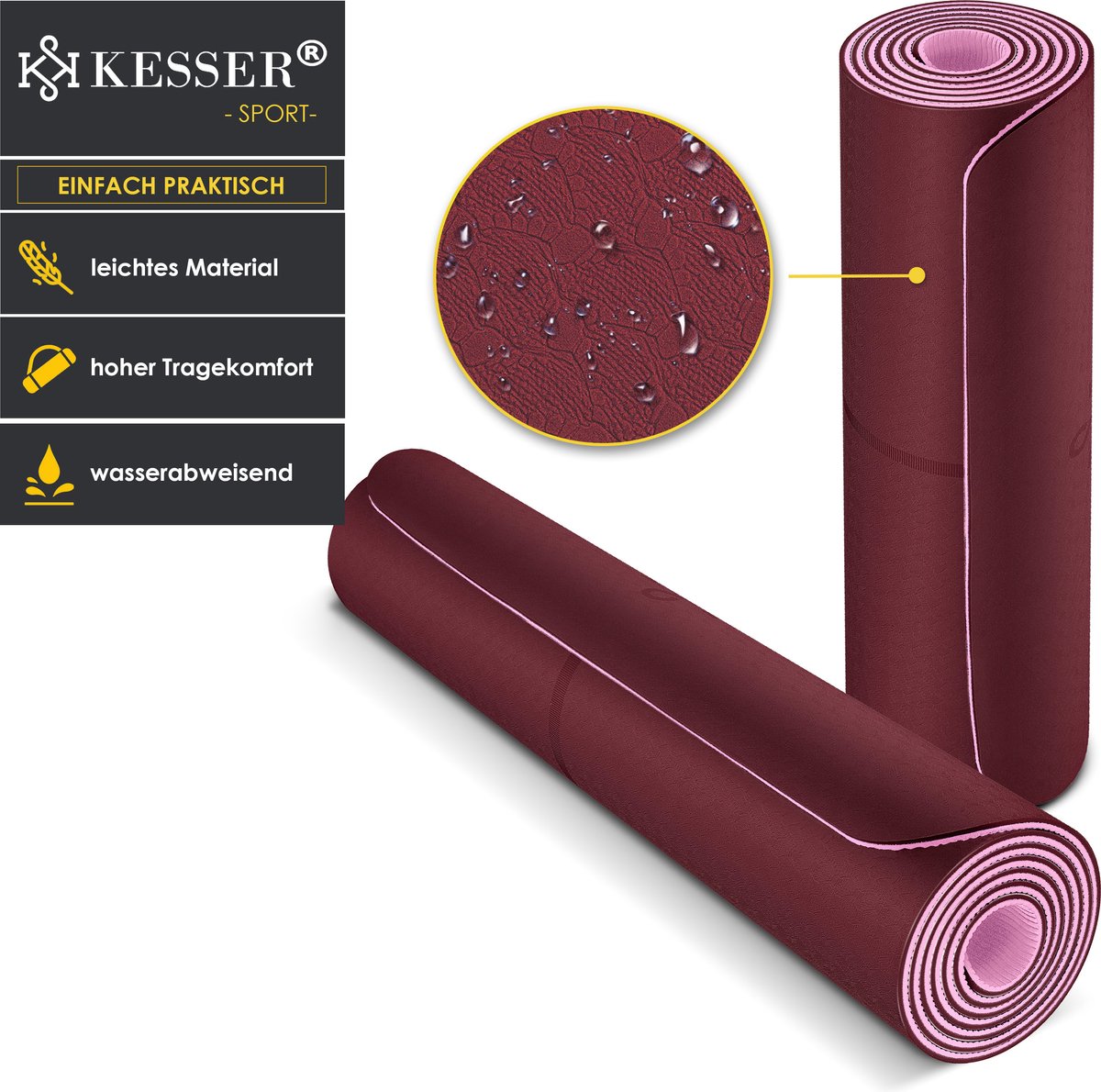 KESSER® Yoga Mat Extra Dik - 183x61cm - Antislip- Bordeaux
