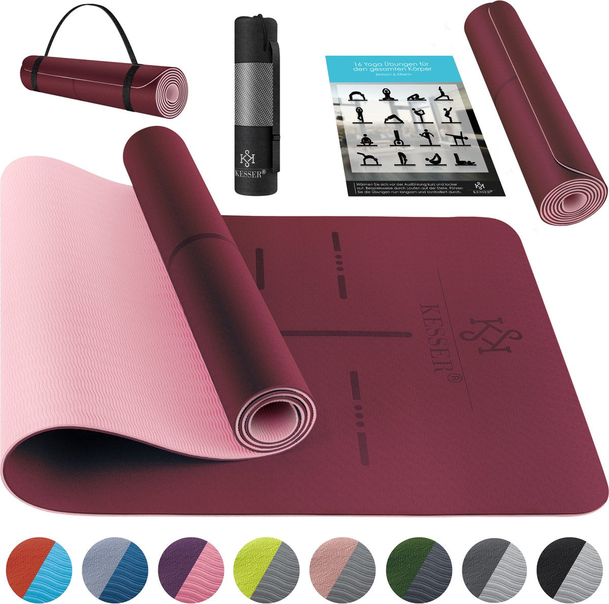 KESSER® Yoga Mat Extra Dik - 183x61cm - Antislip- Bordeaux