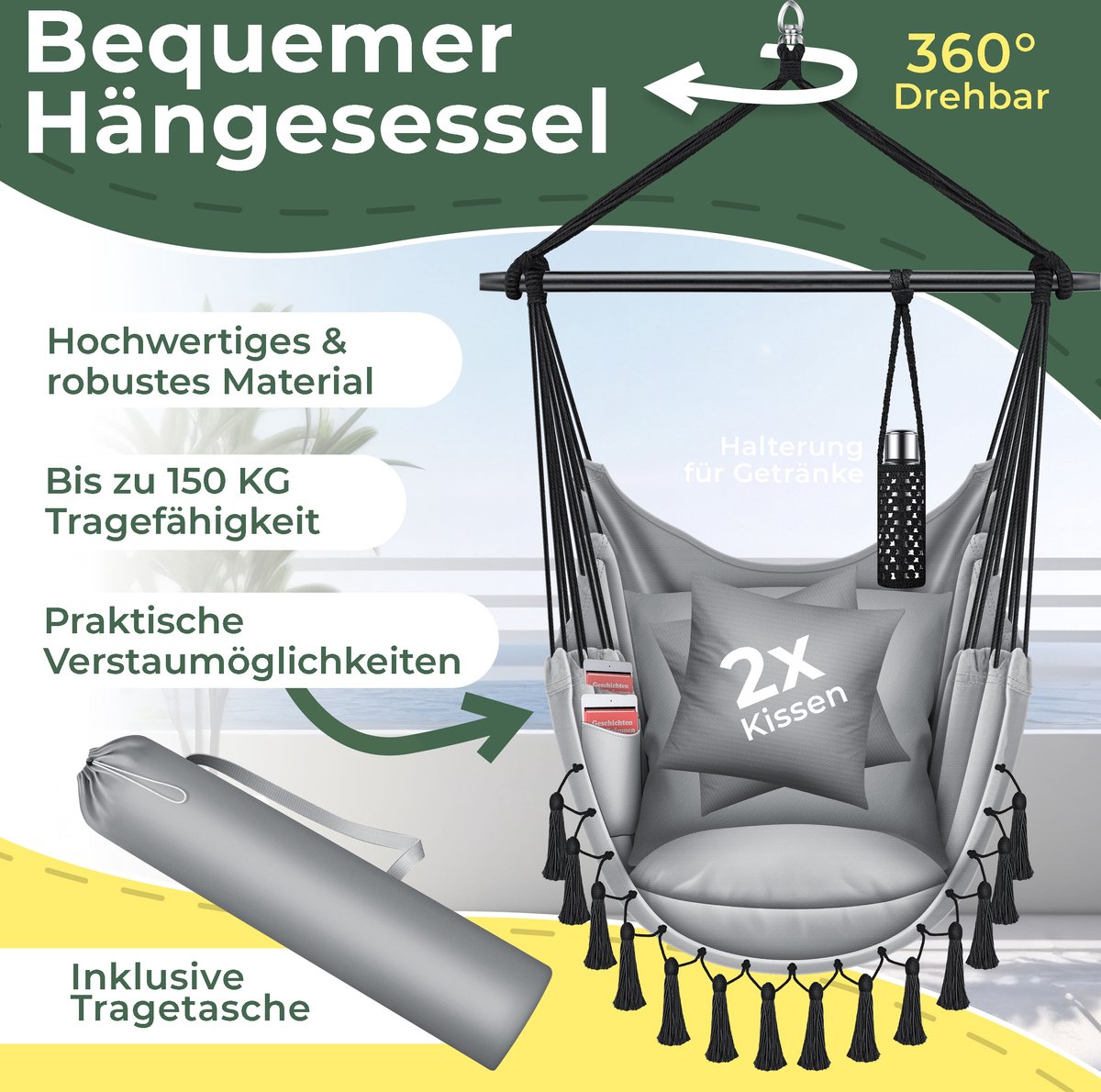 KESSER® XXL Hangstoel - 2 Kussens - Tot 150 kg - Grijs