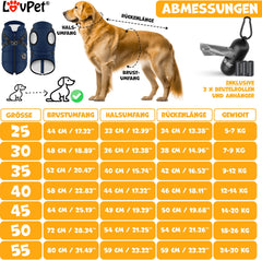 LOVPET® Hondenjas Hondenvacht met Harnas Waterafstotend, incl. 45 Stuks Poepzak + Dispenser, Winter Vest Hond Waterdicht Gevoerd, Gewatteerd Vest Met Borstband, Reflectoren, D-Ring - Marineblauw / L