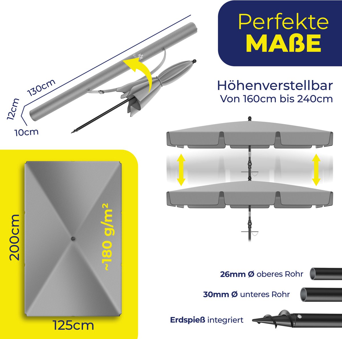 KESSER® Stokparasol Inclusief Beschermhoes & Draagtas 200 × 125cm - Parasol voor Balkon, Tuin & Terras Tuinparasol Strandparasol - Lichtgrijs
