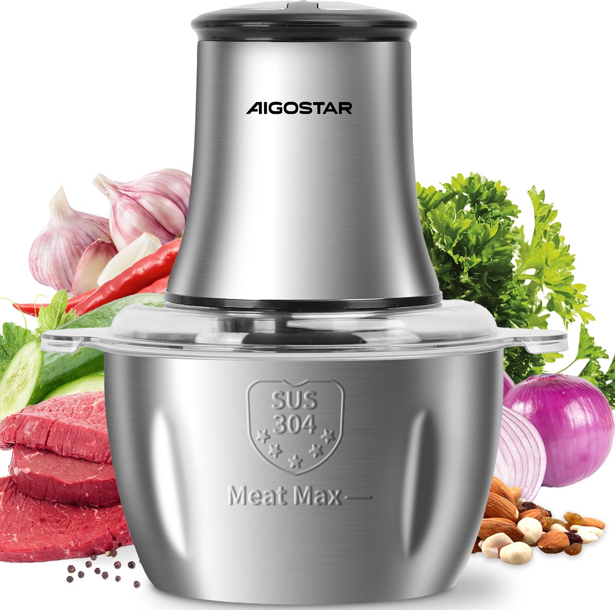 Aigostar Electrische Hakmolen - 1,8L - Met RVS Kom - 500W •
