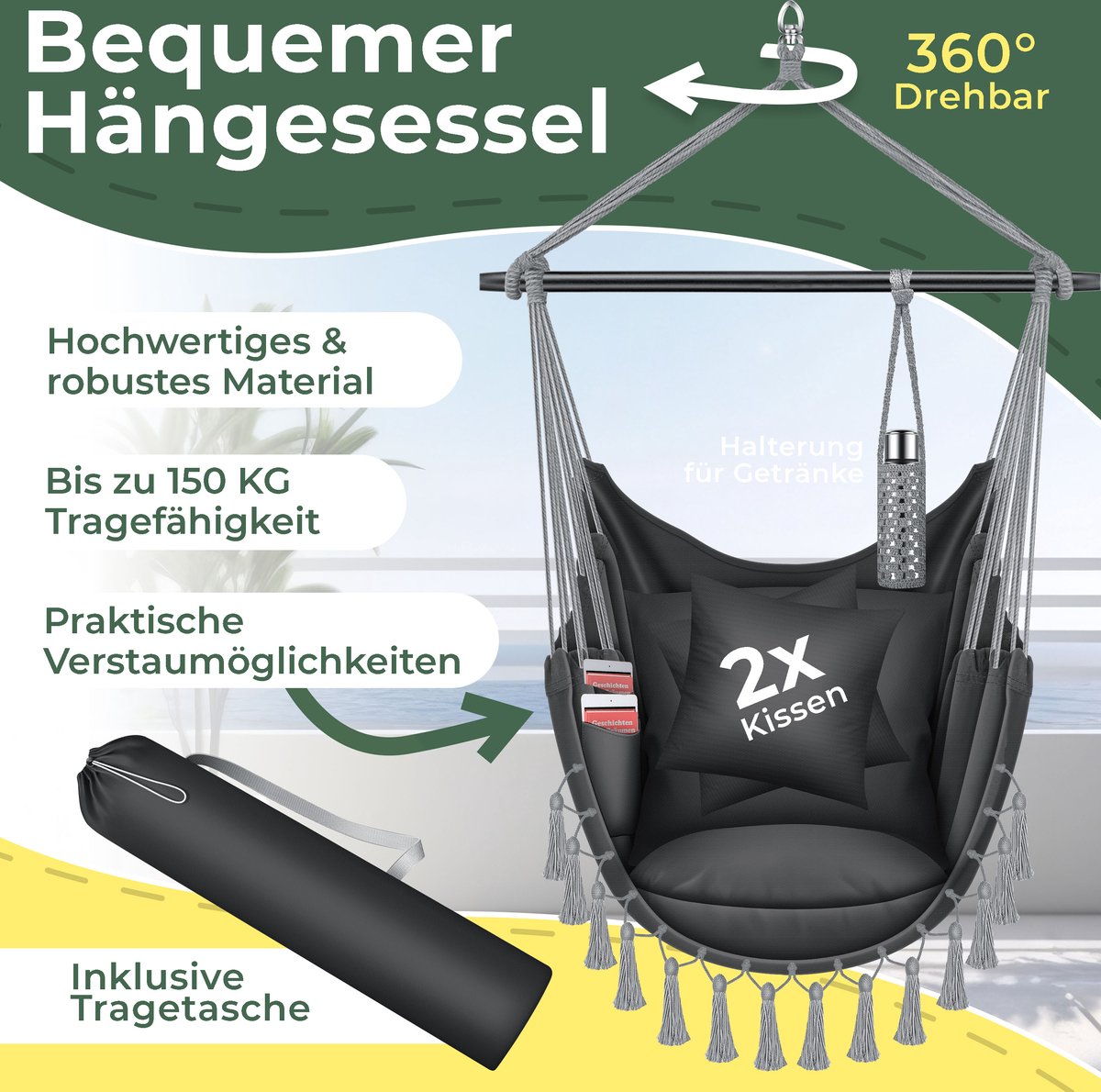 KESSER® XXL Hangstoel - 2 Kussens - Tot 150 kg - Antraciet •