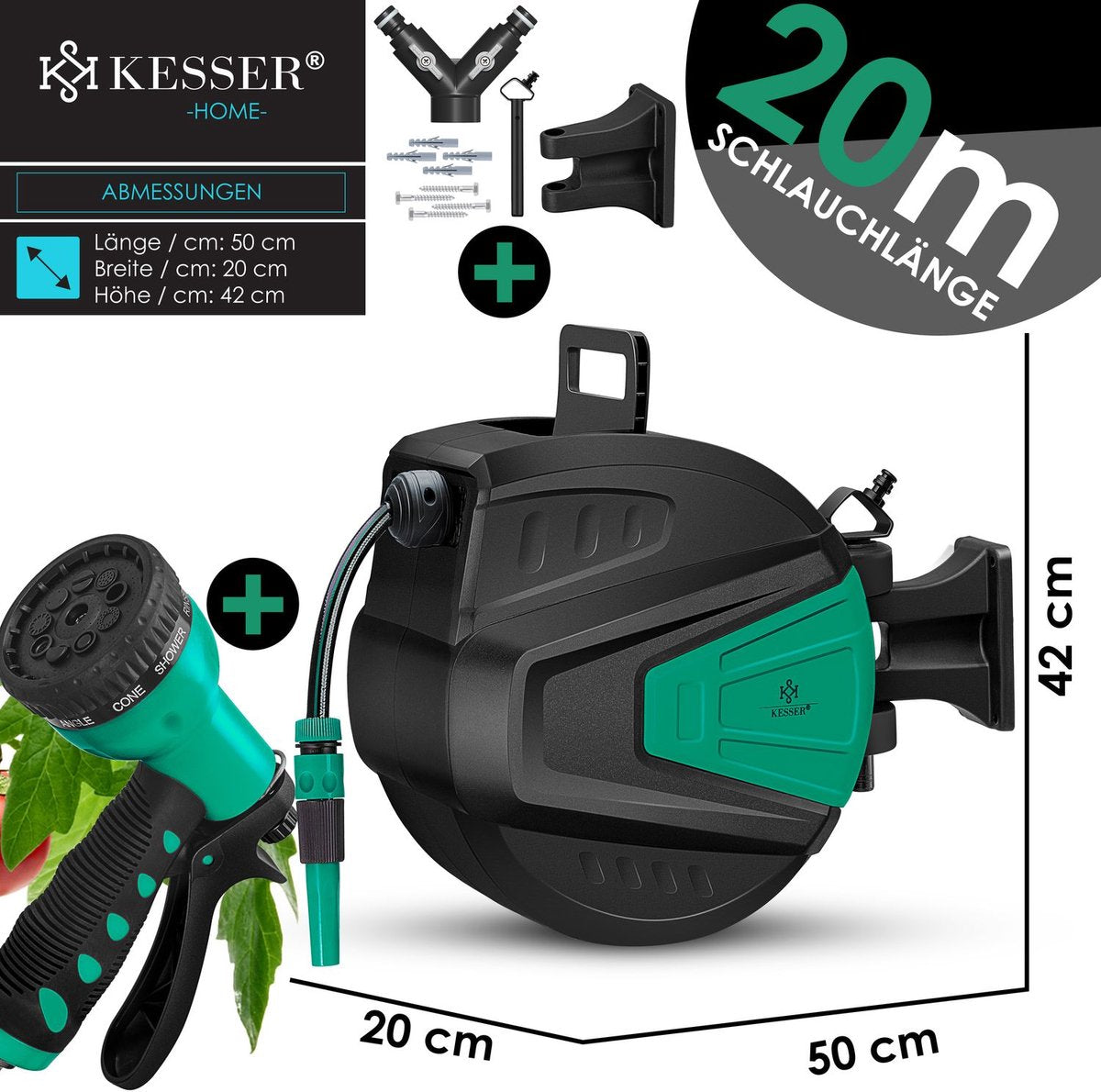 KESSER® Tuinslanghaspel Automatische Wandslangenbox inclusief 30 meter Tuinslang en Muurbevestiging - Blauw
