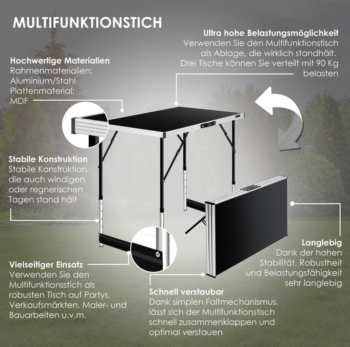 KESSER® 3 Inklapbare Tafel - Campingtafel - Klaptafel - 100x60cm - Zwart