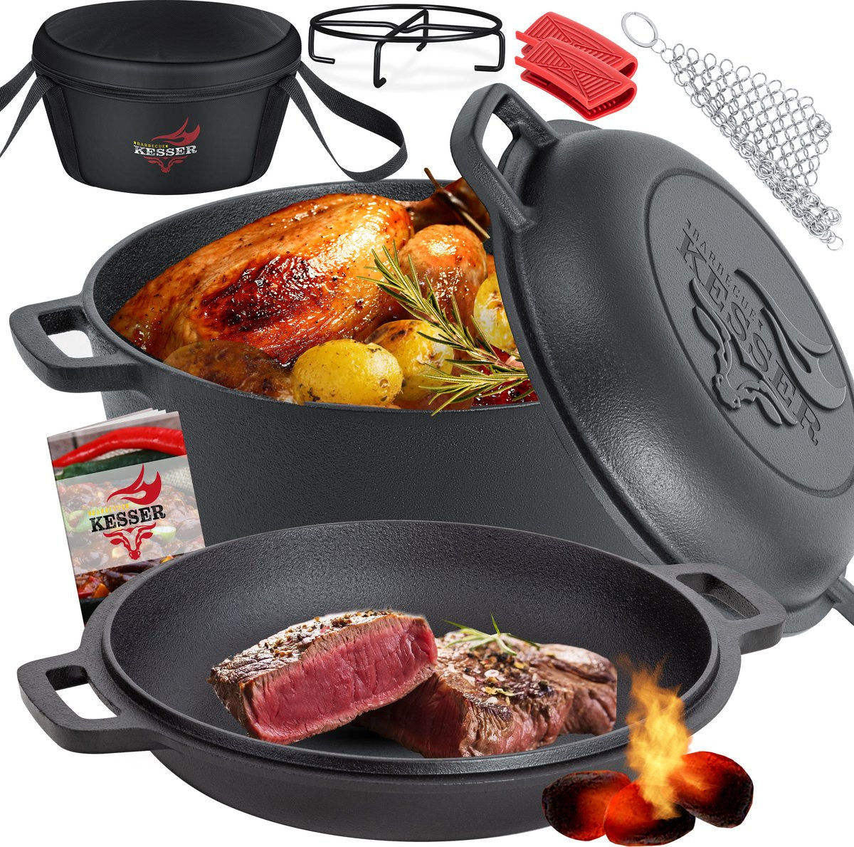 KESSER® Dutch Oven Gietijzeren Pan 1,8L en Pot 4,8L - Zwart