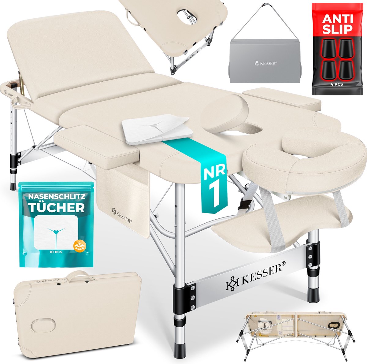 KESSER® Massagetafel inklapbaar 180x61x90cm | Behandeltafel 225kg Draagvermogen & In Hoogte Verstelbaar | Mobiele Massagebank 3-Zone | Aluminium Massagebed met Hoofdsteunen Armsteunen & opbergtas - Beige