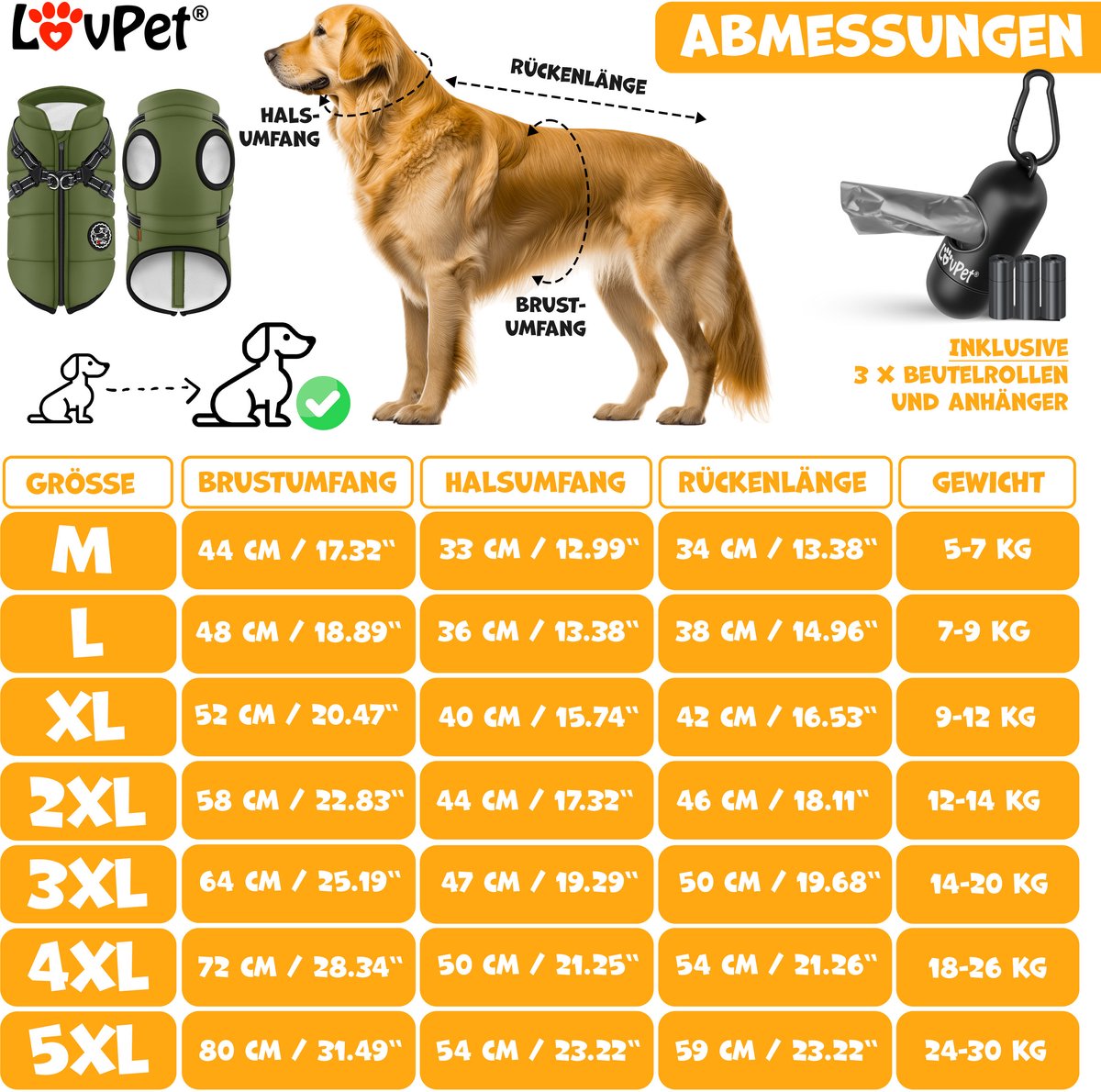 LOVPET® Hondenjas Hondenvacht met Harnas Waterafstotend, incl. 45 Stuks Poepzak + Dispenser, Winter Vest Hond Waterdicht Gevoerd, Gewatteerd Vest Met Borstband, Reflectoren, D-Ring - Khaki / L