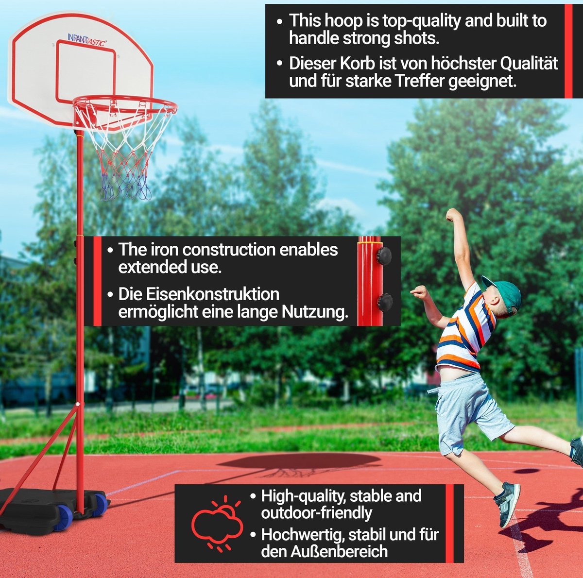 Infantastic - Basketbalstandaard met wielen - in hoogte verstelbaar tot 236 cm - voor Binnen en Buiten - Basketbalring voor Kinderen