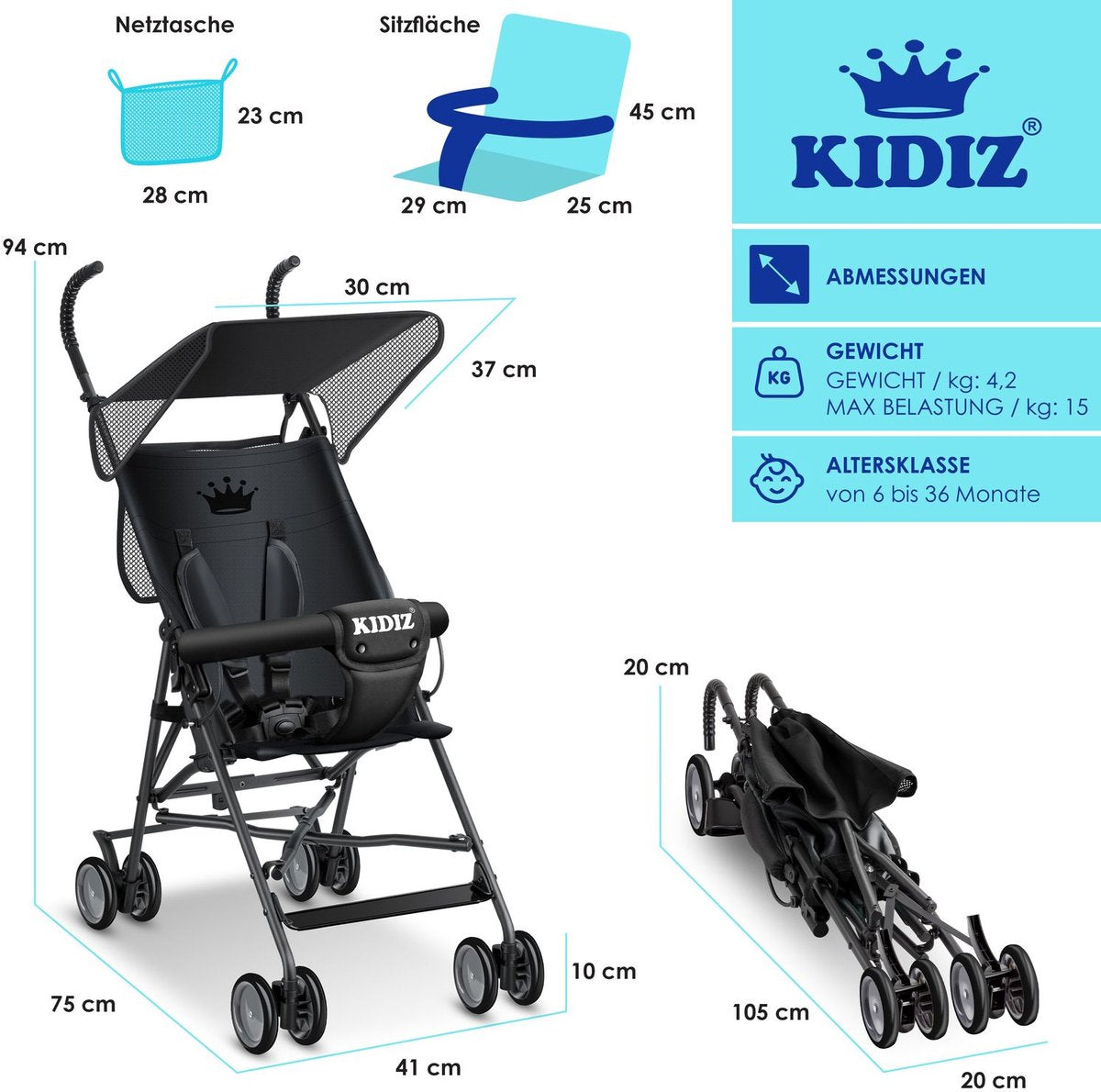 KIDIZ® Kinderwagen - Wandelwagen - Kinderbuggy - Zwart