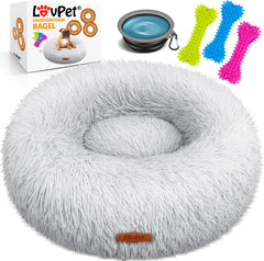 LOVPET® Hondenbed / Hondenmand / Hondenkussen Kattenbed Bagel, Afwasbaar, Incl. Kom + 3x Kauwbotjes, Hondenbank Pluche Kussen Rond Pluche Voor Kleine, Middelgrote & Grote Honden, Katten - 4XL (120 x 120 cm), Lichtgrijs