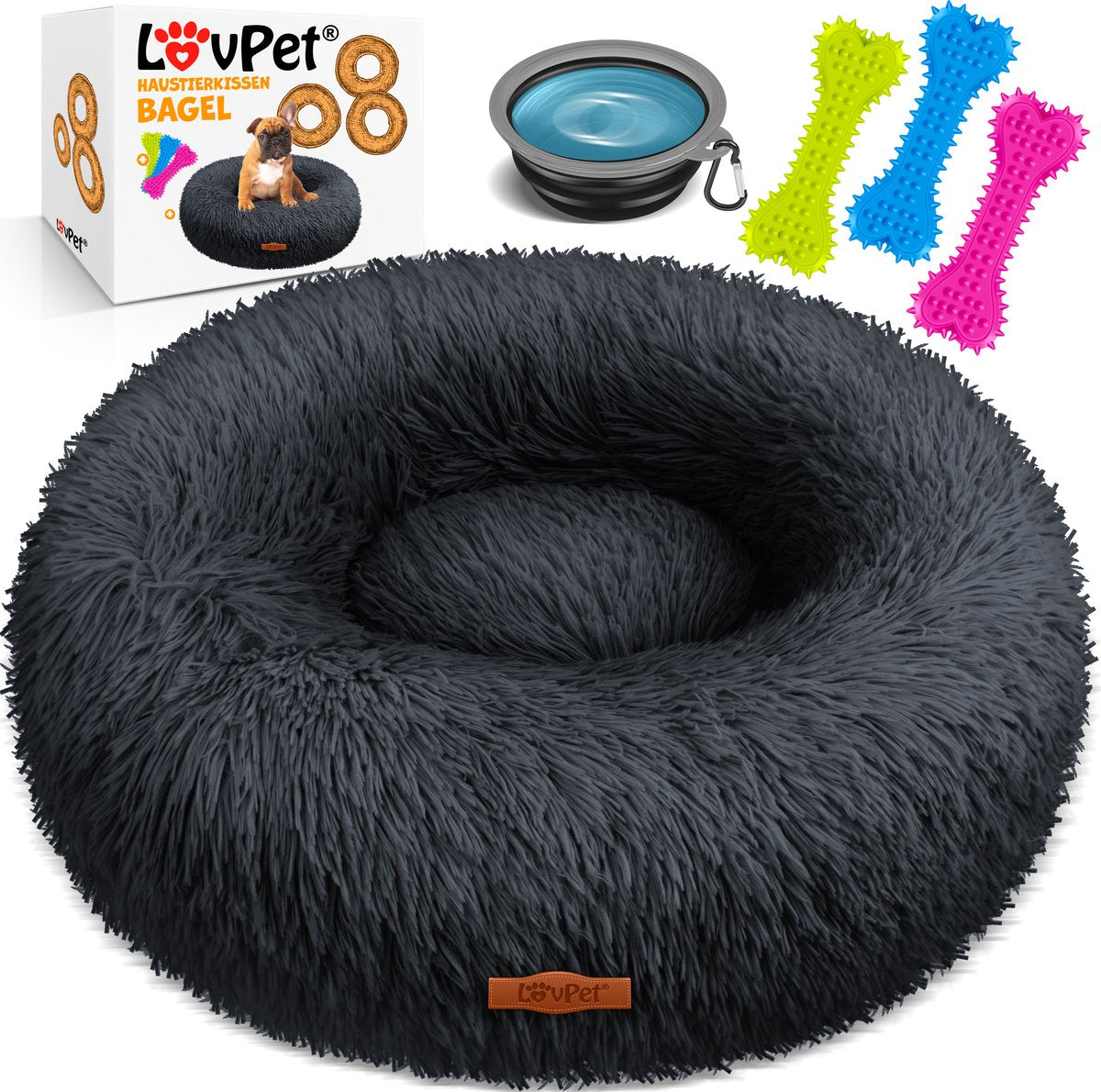 LOVPET® Hondenbed / Hondenmand / Hondenkussen Kattenbed Bagel, Afwasbaar, Incl. Kom + 3x Kauwbotjes, Hondenbank Pluche Kussen Rond Pluche Voor Kleine, Middelgrote & Grote Honden, Katten - 4XL (120 x 120 cm), Antraciet