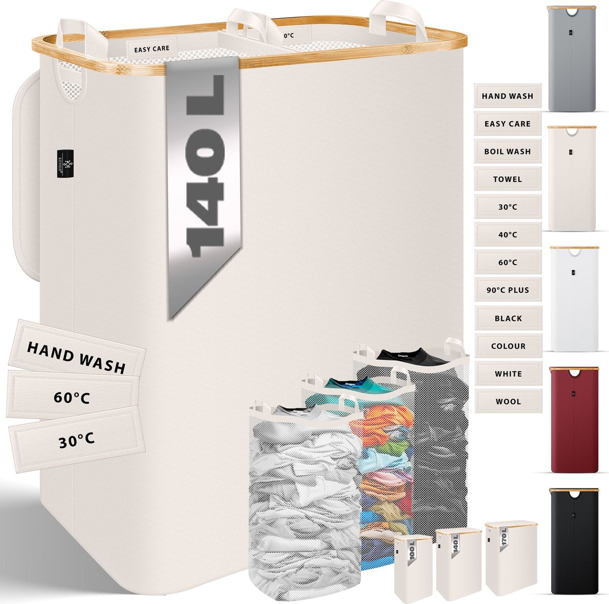 Wasmand 3 vakken - Met deksel - 140 Liter - Beige - KESSER®