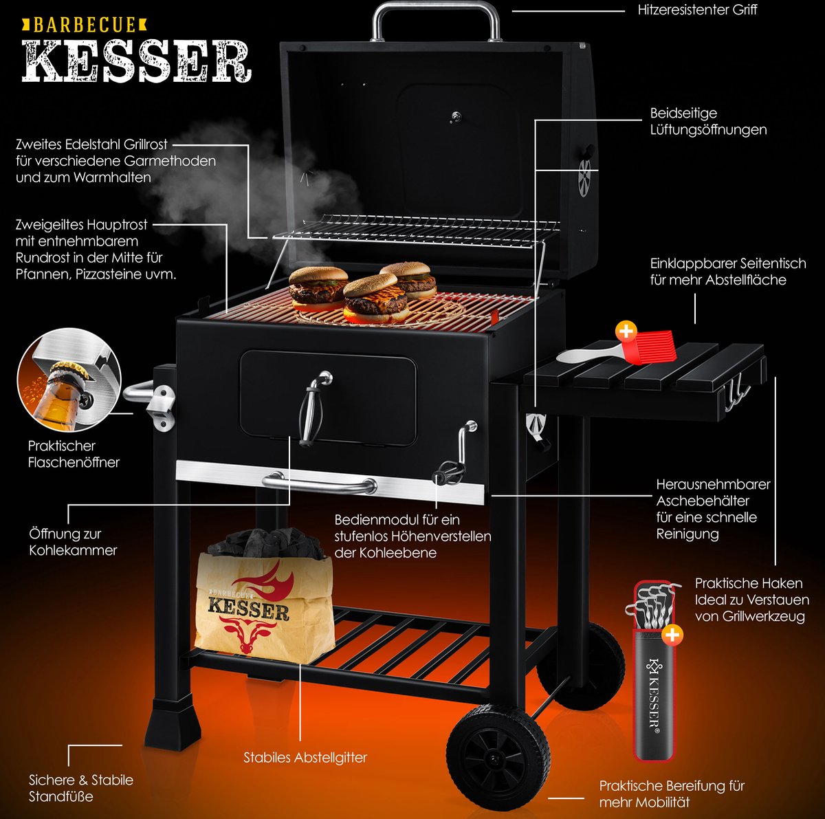 KESSER® XL Houtskoolbarbecue - BBQ - RVS Handvat - Zwart
