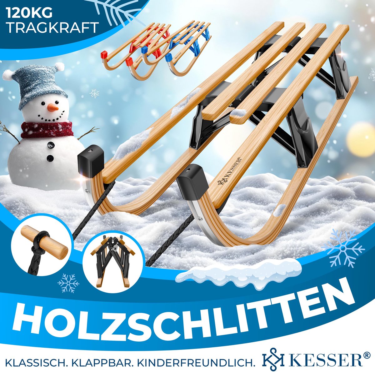 KESSER® Houten slee Premium slee Opvouwbare kinderslee van beukenhout incl. trektouw Slider Metalen lopers - Houten slee, Zwart