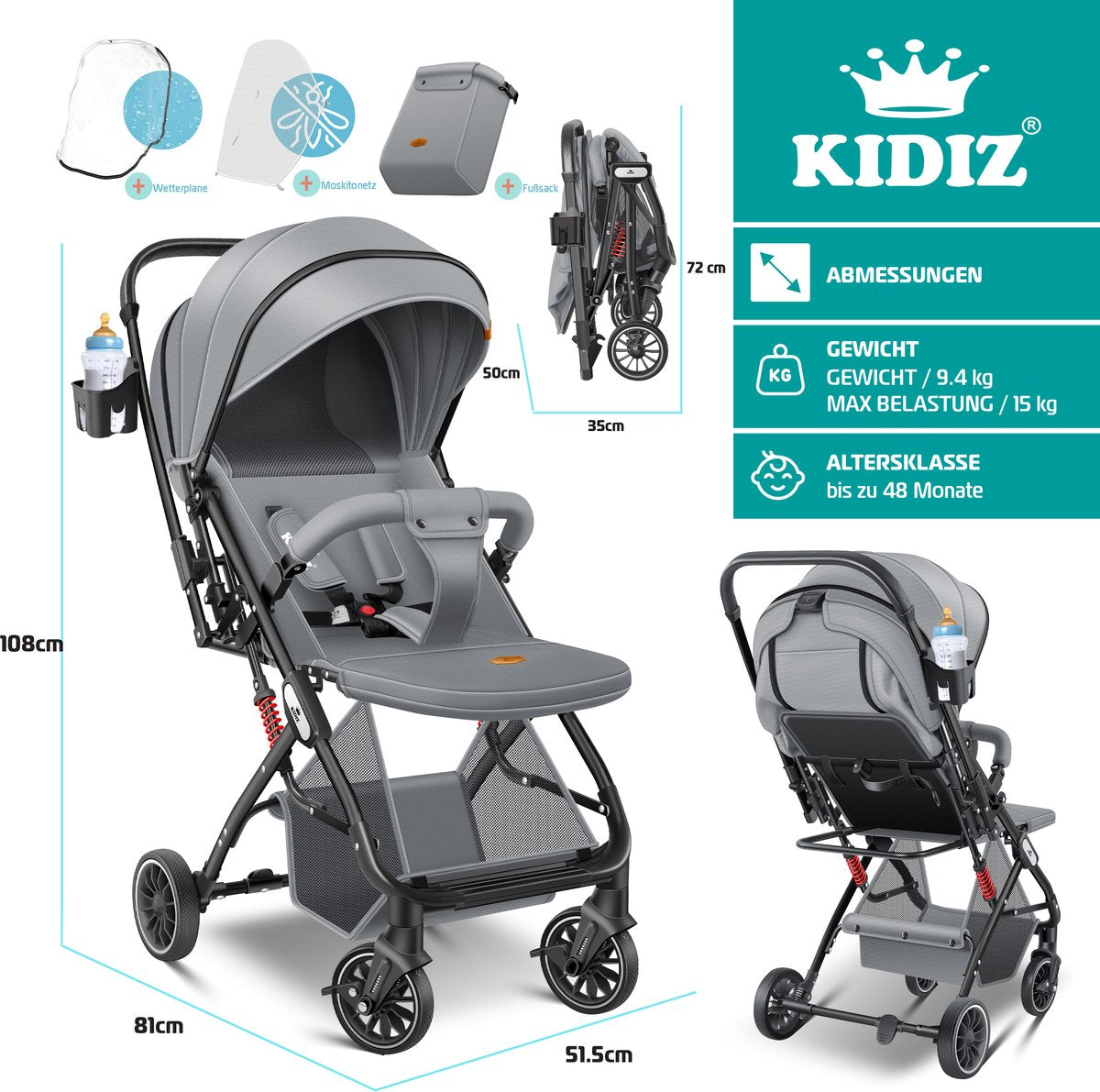 KIDIZ® Kinderwagen - Buggy - Kinderbuggy - Grijs