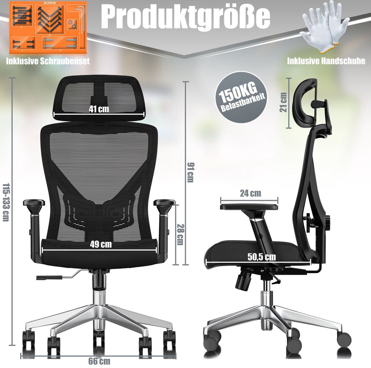 KESSER® Bureaustoel | Ergonomische Bureaustoelen voor Volwassenen | verstelbare rugleuning | in hoogte verstelbaar | Hoofdsteun & Lendensteun | office Chair met 5x rubberen wielen - Zwart / Zilver