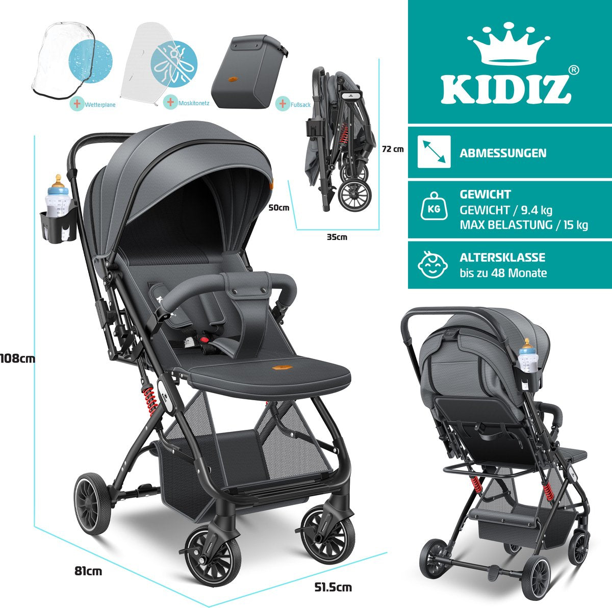 KIDIZ® Buggy 3 in 1 Kinderwagen Inklapbaar met voetenzak Baby Plooibuggy Wandelwagen inclusief Bekerhouder, regenhoes & klamboe Reisbuggy - Antraciet / Zwart